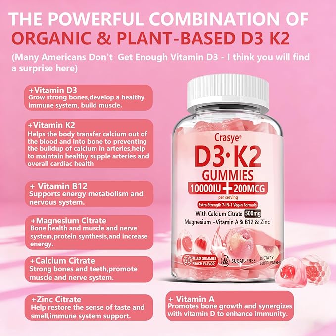 Vitamin D3 K2 Gummies 10000 IU with 500mg Calcium Magnesium Zinc Gummy Sugar Free ADK+Vitamin B12 Supplements for Women and Men Bones, Muscles, Teeth Peach Flavor - 60 Gummies - 30 Servings