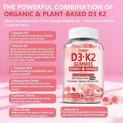 Vitamin D3 K2 Gummies 10000 IU with 500mg Calcium Magnesium Zinc Gummy Sugar Free ADK+Vitamin B12 Supplements for Women and Men Bones, Muscles, Teeth Peach Flavor - 60 Gummies - 30 Servings