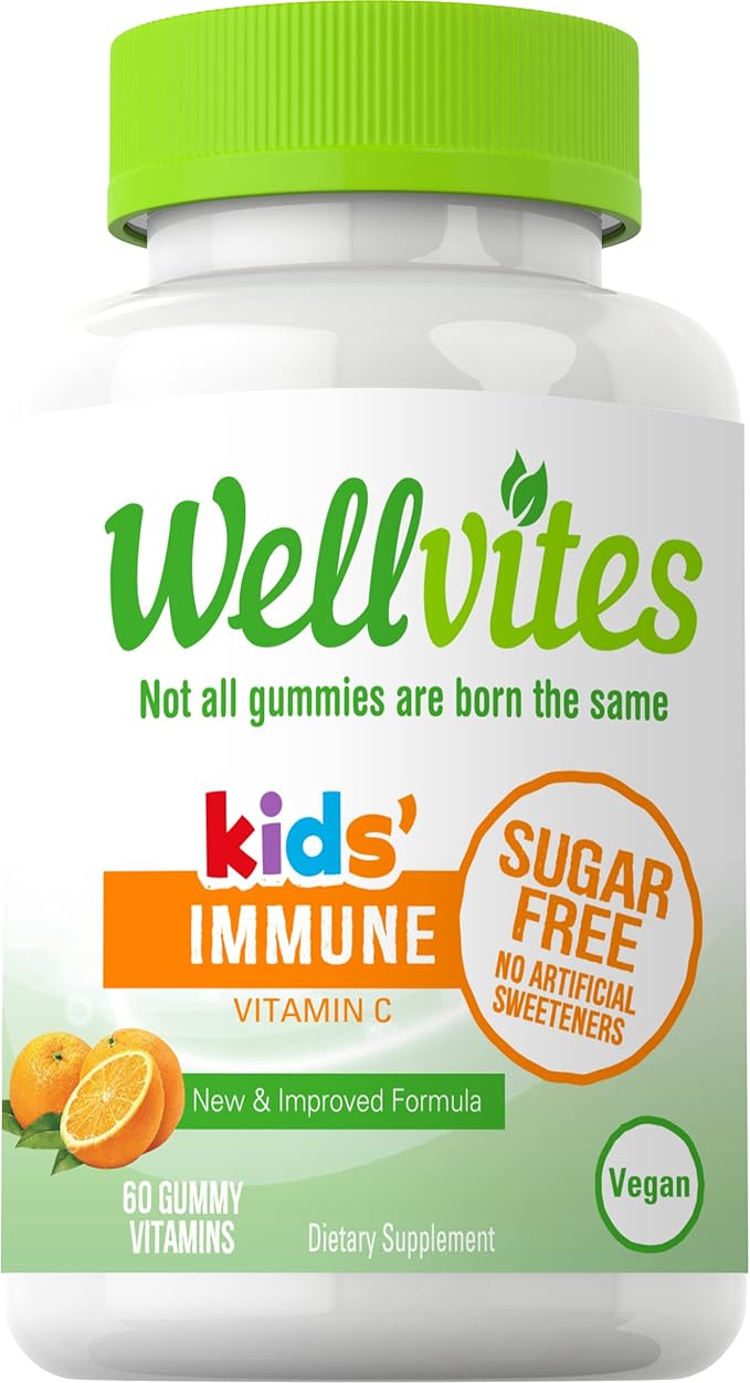 Wellvites Sugar Free Kids Immune Daily Gummy Vitamins - Vegan, Non-GMO - Vitamin C Gummies for Kids Immune Support, No Artificial Sweeteners, Gluten-Free, Gelatin-Free, 60 Count (30 Day Supply)