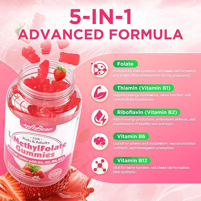 softbear L-Methylfolate 15mg Gummies for Kids & Adults, Organic Methylfolate Supplement 5-MTHF Plus Methyl B12, B1, B2, B6 Support MTHFR Gene, Cognition Function, Strawberry Flavor 60 Count