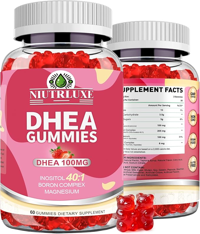 DHEA Gummies, DHEA Supplements for Women, DHEA 100mg 50mg Chewable with Boron, Inositol and Magnesium, Pro-Aging, Ovarian Support, Sleep Support, Vegan, 60 Counts