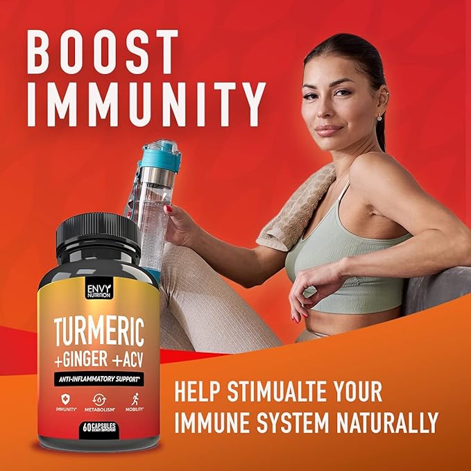 Envy Nutrition Turmeric & Ginger Supplement Capsules with Apple Cider Vinegar - Enhanced Immunity & Metabolism Support - 95% Curcuminoids, Bioperine (Black Pepper) for Superior Absorption - 60 Caps
