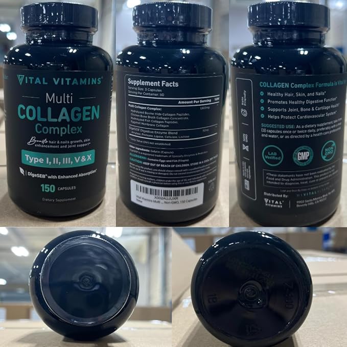 Vital Vitamins Multi Collagen Capsules - Type I, II, III, V, X - Grass-Fed, Collagen Peptides Supplements, Non-GMO - for Men & Women - 150 Count