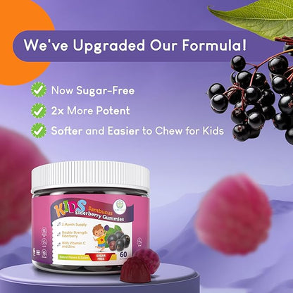 Sugar-Free Kids Elderberry Gummies with Vitamin C & Zinc – Daily Immune Support Supplement for Children, Sambucus Antioxidant, Vegan, 60 Ct