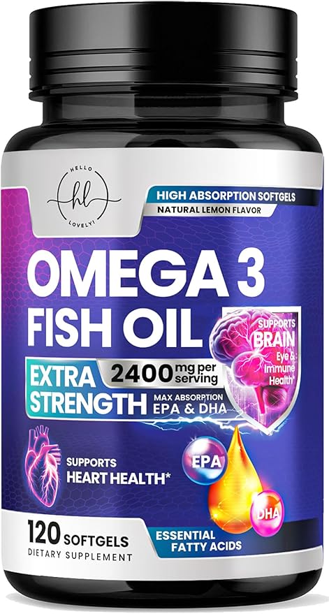 Omega 3 Fish Oil Supplements - 2400mg Fish Oil Per Serving - Triple Strength Omega-3 with EPA & DHA Fatty Acids - Natural Heart, Brain & Immune Support - Wild Caught, Bottled in USA - 120 Softgels