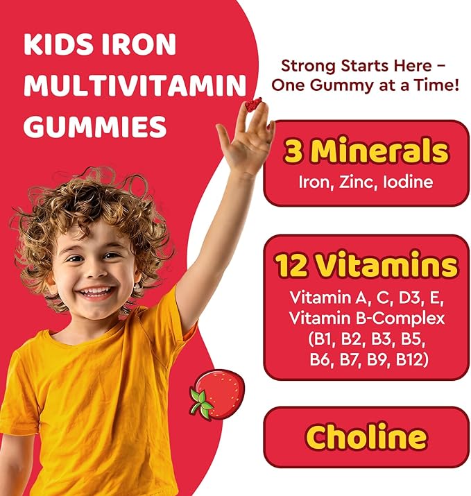 Iron Supplement Gummies for Kids, Kids Multivitamin with Iron Gummies - Zinc, Vitamin B Complex, A, C, D3, B12, Folate for Blood Builder & Energy Support, Iron Deficiency, Vegan Strawberry 120ct