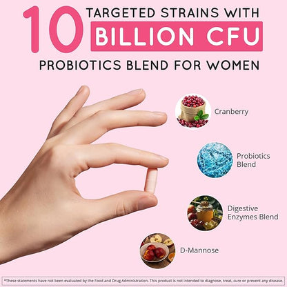 Vaginal Probiotics for Women - ph Balance for Women | 10B CFU - 10 Strains | Cranberry & D-Mannose | BV, Yeast, Flora & Odor Control | Urinary, Gut & Digestive Health Support Pills, 60 Ct