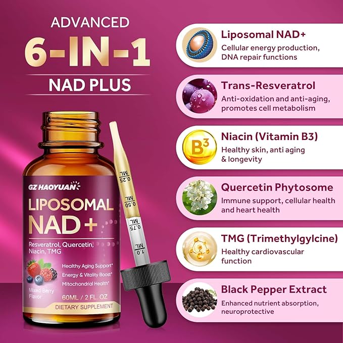 Liposomal NAD Supplement - 1200mg NAD+ Liquid Drops for Women & Men with Nicotinamide, Resveratrol, Quercetin, TMG, Black Pepper Extract - Brain & Cellular Mitochondrial Health, Anti-Aging, Longevity
