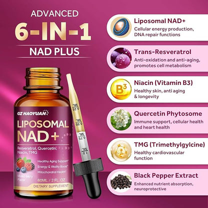 Liposomal NAD Supplement - 1200mg NAD+ Liquid Drops for Women & Men with Nicotinamide, Resveratrol, Quercetin, TMG, Black Pepper Extract - Brain & Cellular Mitochondrial Health, Anti-Aging, Longevity