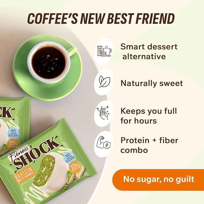FitnesSHOCK Pistachio White Chocolate Protein Brownie – Low Sugar Dessert Snack (2g Total Sugar, No Added Sugar) – Healthy Snack – 10 Count