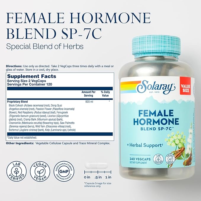 SOLARAY Female Hormone Blend SP-7C, Herbal Support Hormonal Balance for Women with Black Cohosh, Dong Quai, Wild Yam, and More, Vegan, Lab Verified, 60-Day Guarantee, 120 Servings, 240 VegCaps