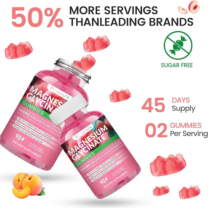 Magnesium Glycinate Gummies 1000mg, High Absorption Sugar Free Magnesium Potassium Supplement for Relaxation, Stress Relief, and Sleep Support for Adults & Kids - 180 Peach Gummies