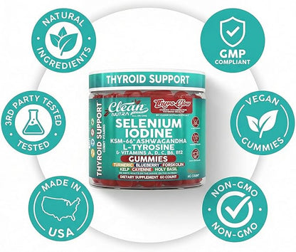 ThyroGlow Thyroid Support Gummies Selenium Iodine KSM 66 Ashwagandha L Tyrosine Vitamin D, C, B12, B6 Turmeric Blueberry Holy Basil Folate Bladderwrack By Clean Nutra