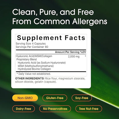 NatureBell Hyaluronic Acid 2,000mg with Collagen & MSM - 240 Capsules - Skin Hydration, Hair, Nail & Joint Support - Water Soluble Formula for Easy Absorption* - Non-GMO & Gluten-Free