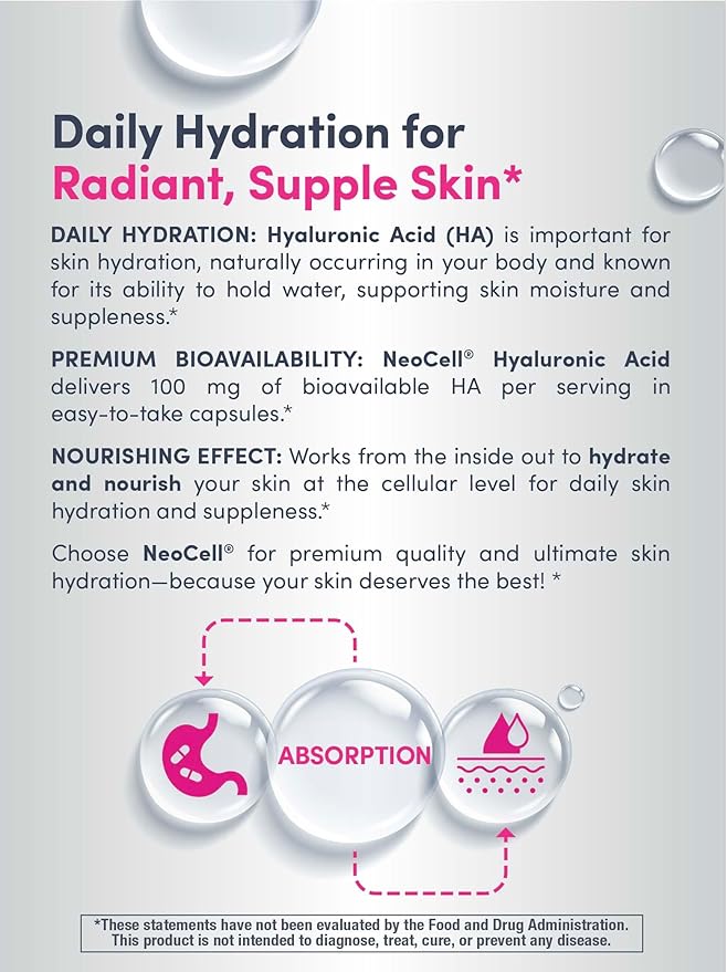 NeoCell Hyaluronic Acid Capsules | 60 Pills | 100mg | Advanced Formula Supplement | Skin Hydration & Suppleness