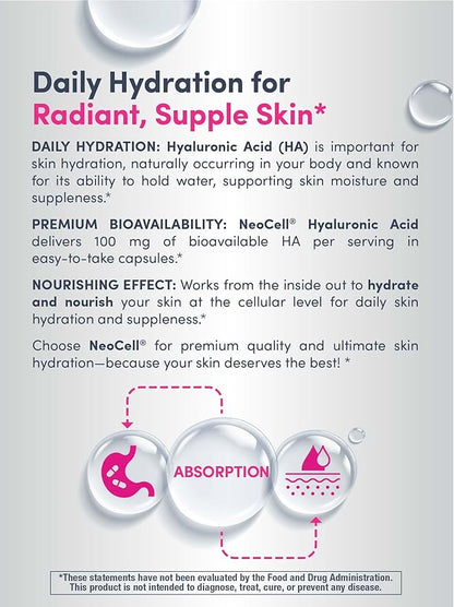 NeoCell Hyaluronic Acid Capsules | 60 Pills | 100mg | Advanced Formula Supplement | Skin Hydration & Suppleness