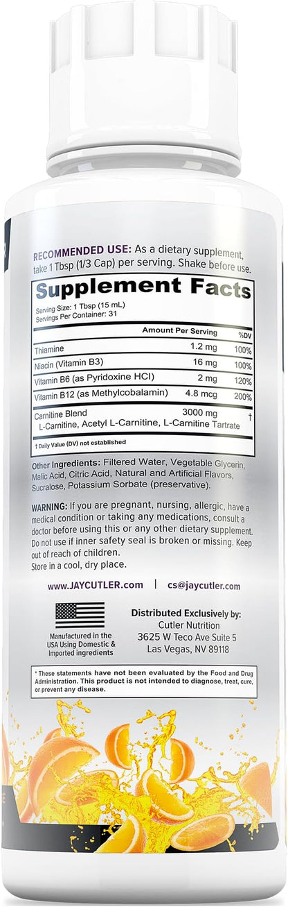 Cutler Nutrition Liquid L-Carnitine Fat Burner Supplement with Acetyl L-Carnitine & L-Carnitine Tartrate - Fat Burner Formula for Optimal Absorption, Energy & Muscle Support | Orange Flavor