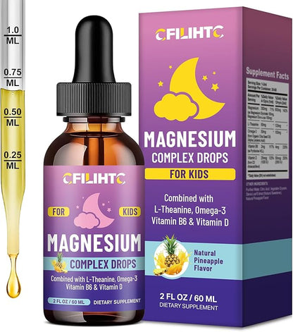 Kids Magnesium Liquid Drops-Magnesium Glycinate Liquid for Kids Supplement-w/L-theanine, Omega-3, Vitamin B6, D3 - for Sleep, Relaxation, Brain, Bones - Pineapple Flavor, 2 Fl Oz