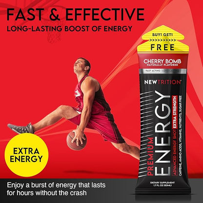 NewTrition® Extra Strength Energy Shots, 1.7 fl oz - 250mg Caffeine with Vitamin B & Amino Acids, Sugar-Free, Zero Calorie Vitamin Energy Drink for Focus & Endurance (Pack of 24, Cherry Bomb)