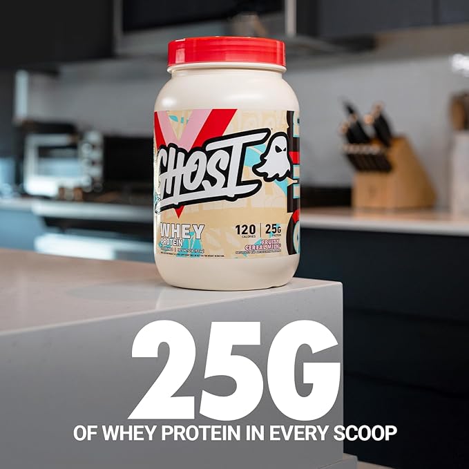 GHOST Whey Protein Powder, Fruity Cereal Milk - 2LB, 25G of Protein - Whey Protein Blend - ­Post Workout Fitness & Nutrition Shakes, Smoothies, Baking & Cooking - Soy & Gluten-Free