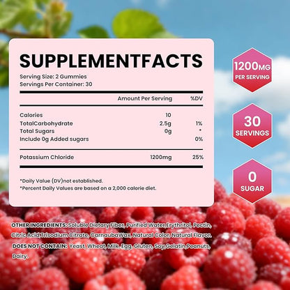 Potassium Gummies for Adults, Potassium Chloride 1200mg, Potassium Supplement for Women & Men, Supports Electrolyte Balance & Muscle Health, Sugar-Free, Raspberry Flavor, 120 Count