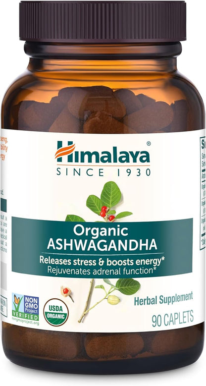 Himalaya Organic Ashwagandha Root, 90 Day Supply - Herbal Adrenal Support Supplements for Stress Relief and Energy Support - USDA Organic, Non-GMO, Vegan, Gluten Free, No Additives, 670 mg, 90 Caplets