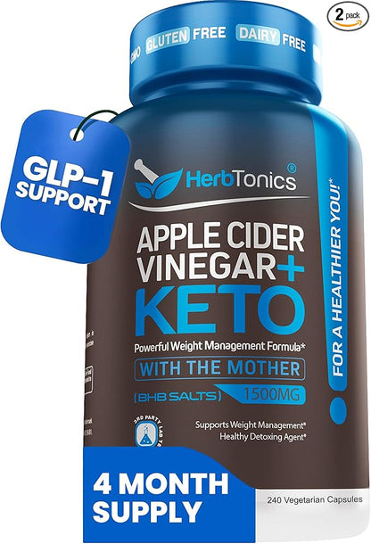 Herbtonics Apple Cider Vinegar + Keto BHB Capsules | GLP-1 Support for Appetite, Cravings & Weight Management | Metabolism Support with Satiety Support | 240 Capsules - 4 Month Supply