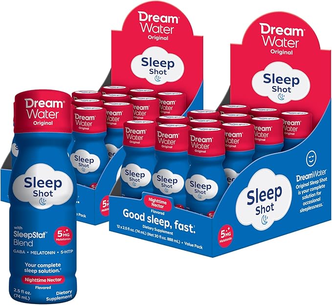 Dream Water Sleep Aid Supplement Drink; Melatonin 5mg, GABA, 5-HTP; Zero sugar, Natural flavors, No added colors, 2.5 oz liquid sleep shots, Nighttime Nectar, 24-Count
