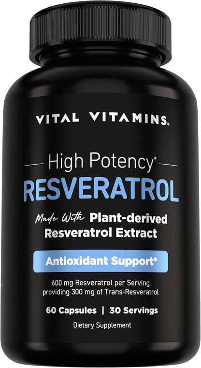 Vital Vitamins Resveratrol Supplement - Antioxidant Support, Cellular Longevity, Cognitive Function - 60 Capsules