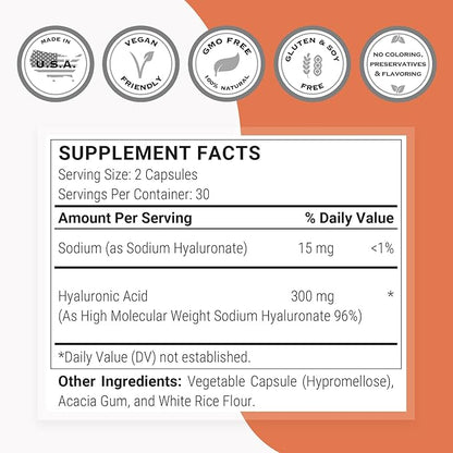 Supersmart Hyaluronic Acid Supplement 300mg per Day (Sodium Hyaluronate) - High Molecular Weight 1.2 Million Daltons | Non-GMO & Gluten Free - 60 Vegetarian Capsules