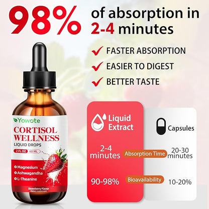 Cortisol Support Supplements for Men and Women, Cortisol Detox Hormone Balance with Magnesium, Ashwagandha, L-theanine, Phosphatidylserine for Lower Cortisol, Calm, Mood Support (60ML, strawberry)