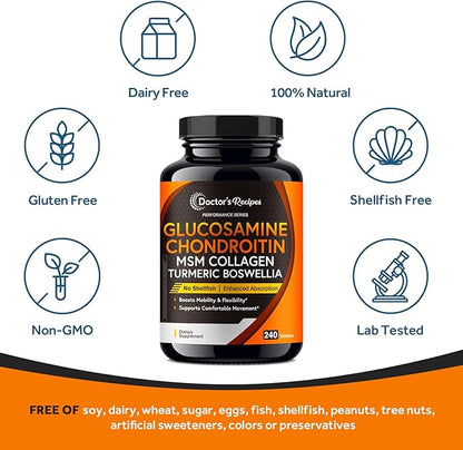 Doctor's Recipes Glucosamine Chondroitin MSM Turmeric Quercetin, Movement Support Supplement for Men & Women, with Black Pepper for High Absorption, Mobility & Flexibility, No Shellfish, 240 Tablets