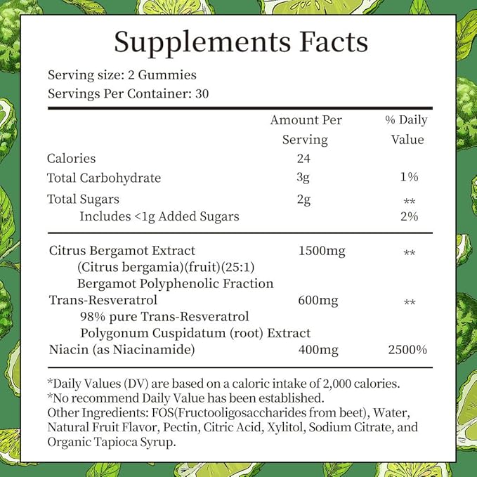Citrus Bergamot 1500mg, Citrus Bergamot Gummies for Healthy Cholesterol, Bergamot Supplements 25:1 Extract from Italy Bergamot, Resveratrol & Niacin - Gluten Free, 120 Count