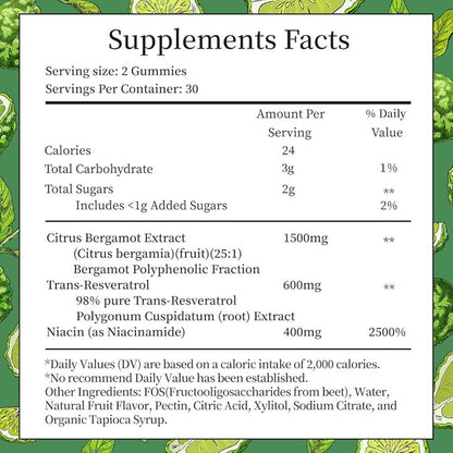 Citrus Bergamot 1500mg, Citrus Bergamot Gummies for Healthy Cholesterol, Bergamot Supplements 25:1 Extract from Italy Bergamot, Resveratrol & Niacin - Gluten Free, 120 Count