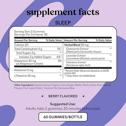 Lemme Sleep Gummies with 5mg Melatonin, Elderberry, Magnesium, L-Theanine, Chamomile and Lavender, Drug-Free Nighttime Sleep Aid, Gluten Free, Gelatin Free, Non GMO, Berry Flavored (60 Count)