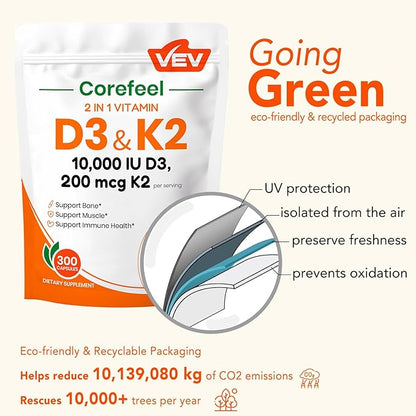 VEV Corefeel Vitamin D3 K2, 10,000 IU D3, 200mcg K2 (with MK7), Supports Bone and Teeth Health, Dual Nutrient Support for Daily Wellness, Easy to Swallow – 300 Capsules