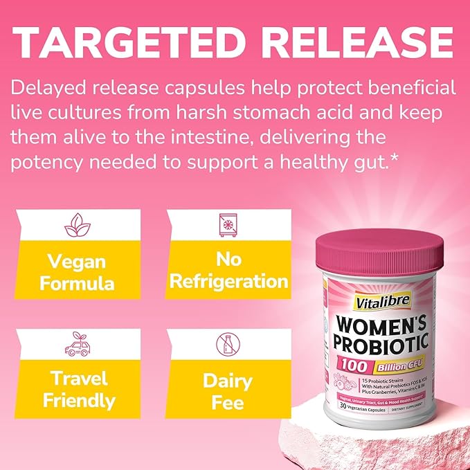 Probiotics for Women 100 Billion CFU 15 Strains, Daily Probiotic & Prebiotic Supplement with Organic Cranberry to Support Vaginal, Digestive, Immune Health, Shelf Stable, 30 Vegan Capsules