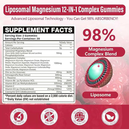 2 Packs Liposomal Magnesium Complex Gummies-as 12 Forms of Magnesium Citrate,Glycinate,Malate,Oxide,and More with Vitamin D3, B6,C, Ashwagandha & CoQ10 for Women and Men-Support Bone & Muscle 120 Cts
