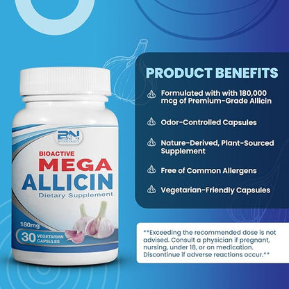 Allicin Supplement 100% Stabilized from Garlic, Odor-Controlled Extract, 180,000mcg (180mg) Non-GMO, Gluten-Free, Vegan, Supplement for Heart Health and Immune Support (30 Count)