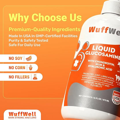 WuffWell Liquid Glucosamine for Dogs Hip & Joint Support with Chondroitin, MSM & Hyaluronic Acid, Dog Joint Supplement for Mobility & Cartilage Health, Easy Pump Dosage, All Breeds, Made in USA, 16oz