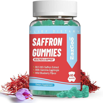 Saffron Supplements Gummies, Saffron Extract for Positive Mood & Calm Nerve, Boost Energy, with Garcinia Cambogia, Vitamin A, B12, Rhodiola Rosea - 60 Gummies
