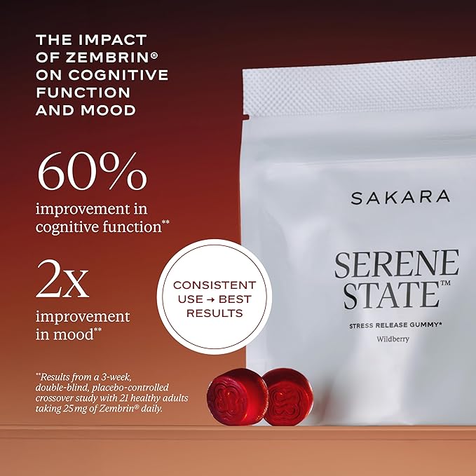 SAKARA Serene State Stress Relief Gummies – Fast-Acting Calm Supplement with Zembrin®, L-Theanine & Phosphatidylserine – Support Calm Mind & Body – Healthy Response to Stress, Wildberry - 56 Gummies