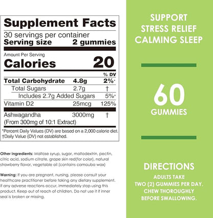 Nature's Key Ashwagandha Gummies, High Potency Ashwagandha Root Extract with Vitamin D2, for Men & Women, Stress, Calm Mood & Cognition, Strawberry Flavor (120 Count (Pack of 1)