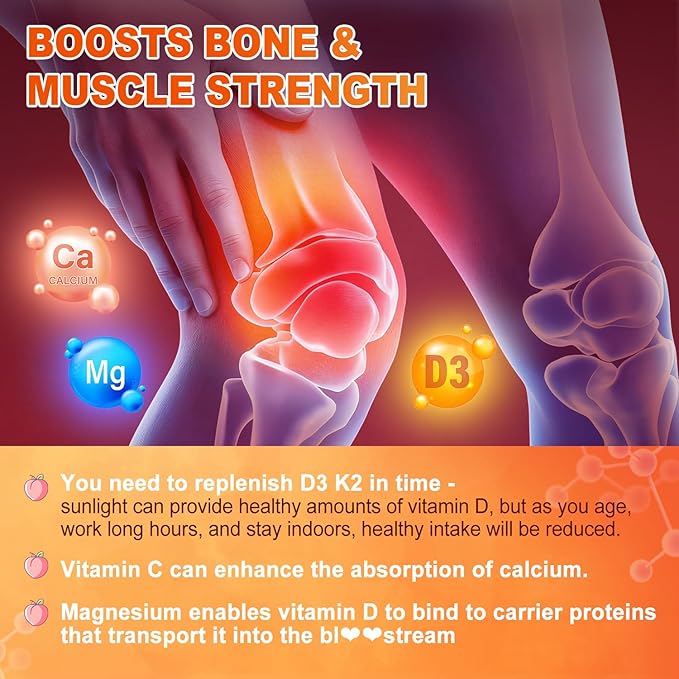Vitamin D3 + K2 Gummies 2000 IU with Calcium + K2 (MK-7), Magnesium Citrate, Vitamin C, Zinc & Boron – Bone, Heart & Immune Support – Vegan, Non-GMO, Gelatin-Free, Sugar-Free Supplement, 120 Gummies