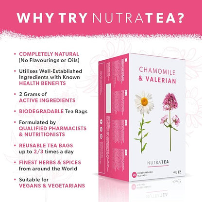 NutraTea - Chamomile & Valerian Tea- Bedtime and Night Time Tea - 40 Tea Bags