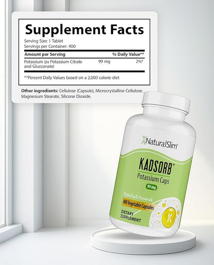 NaturalSlim Natural Potassium Citrate Gluconate 99 mg - Kadsorb Supports Electrolyte Balance & Normal pH - Absorbable Potassium Supplements with Essential Minerals - Non GMO 400 Capsules 1 Pack
