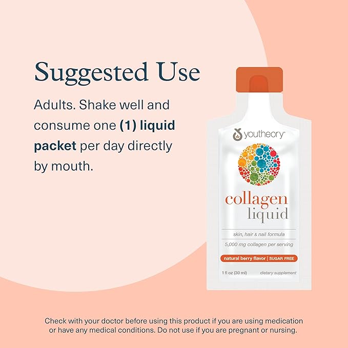 Youtheory Collagen Liquid - 5,000 mg Hydrolyzed Collagen Peptides - Supports Hair, Nail, Joint & Bone Health* - Berry Flavor - 1 oz Single Serve Packet, Pack of 12