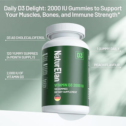 Vitamin D3 Gummies - 120 Gummies, 2000 IU Vitamin D3 per Gummy, Sugar Free, Boost Bones, Mood & Immune System Function, Third Party Tested, Yummy Peach Flavor, Vegan & Gluten Free, 120 Servings