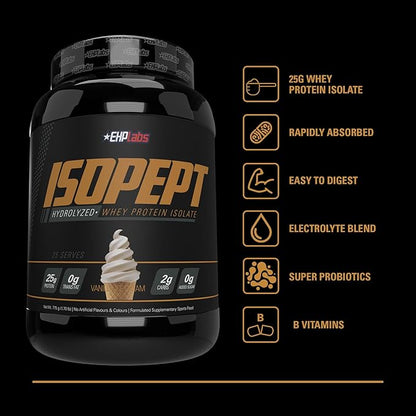 IsoPept Hydrolyzed Whey Protein Powder by EHPlabs - 100% Whey Protein Isolate & Hydrolysate, 27g of Protein, Non-GMO, Gluten Free, Fast Absorbing, Easy Digesting, 27 Serves (Vanilla Ice-Cream)