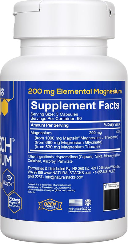 MagTech Magnesium Supplement - 3 Forms of Magnesium: Magtein L-Threonate, Glycinate & Taurate - 200mg Chelated Magnesium Complex - Supports Relaxation & Brain Health - 180 Capsules